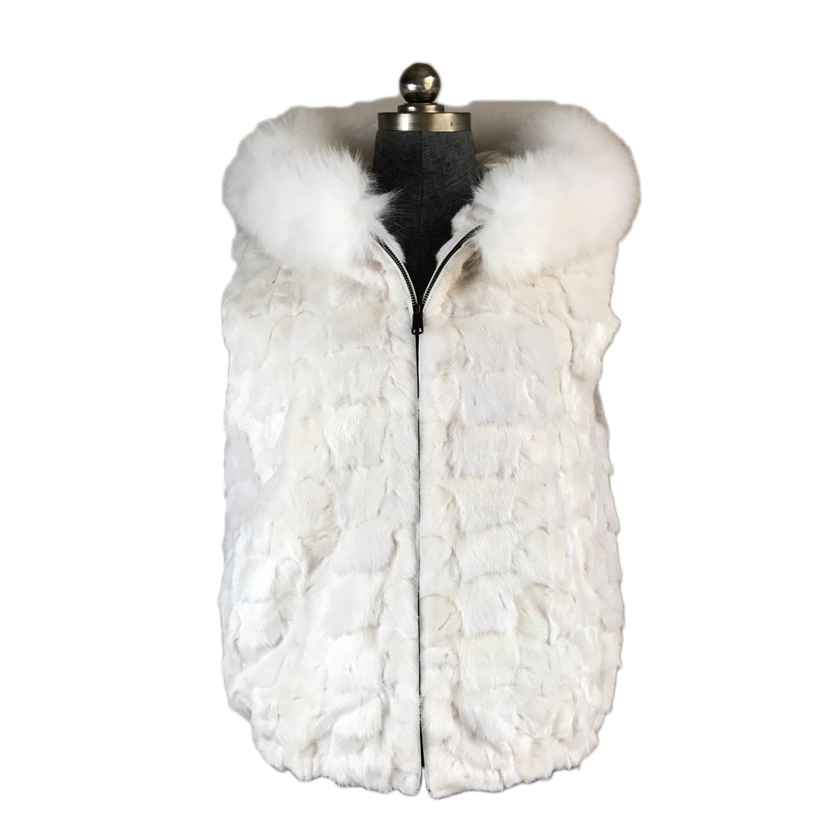 Brite Creations | Diamond Mink Vest with Fox Trimmed Hood - White