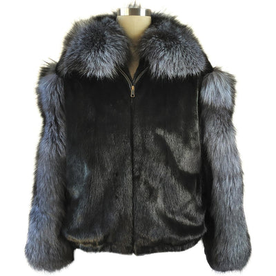 Full Skin Mink Jacket w/Silver Fox Collar and Sleeves - Black/Silver Fox