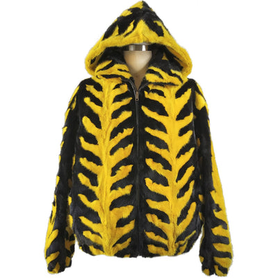 Mink Jacket with Detachable Hood - Black/Yellow
