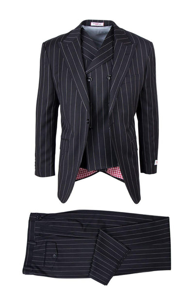 Brite Creations San Giovesse Black Bold Pinstripe Pure Wool, Wide Leg Suit & Vest by T 