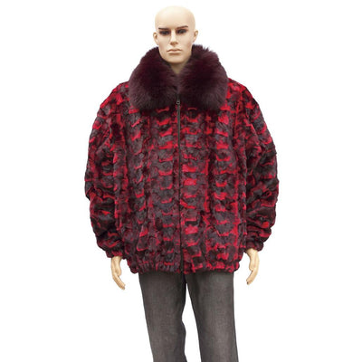 Sheared Diamond Mink Jacket with Fox Collar - Red