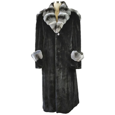 Full Skin Mink Trench Coat w/ Real Chinchilla Collar - Black 