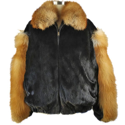Full Skin Mink Jacket w/Red Fox Collar and Sleeves - Black/Red Fox