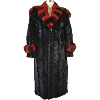 Full Skin Mink Trench Coat w/Red Rex Rabbit - Black 