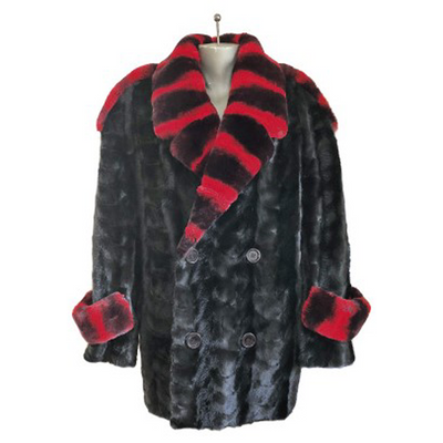 Mink Paws Pea Coat w/Red Rex Rabbit Collar - Black 