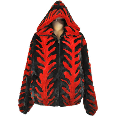Mink Jacket with Detachable Hood - Red/Black