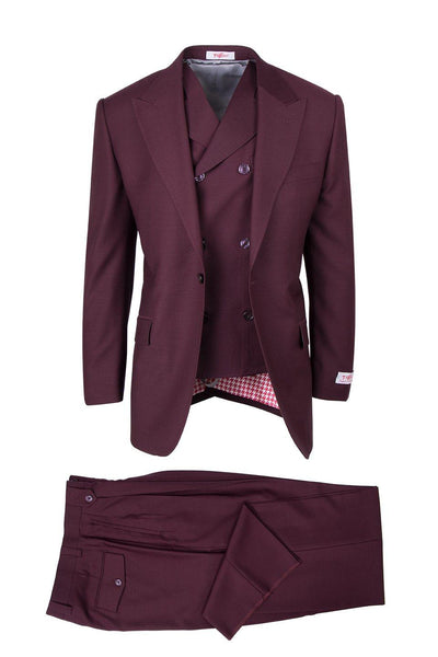 Brite Creations San Giovesse Burgundy, Pure Wool, Wide Leg Suit & Vest by Tiglio Rosso 