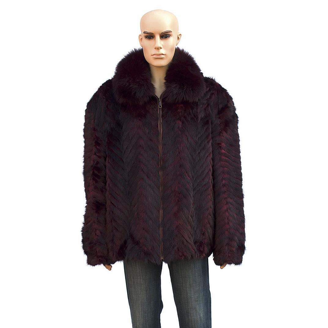 Brite Creations Chevron Mink Jacket with Fox Collar Burgundy